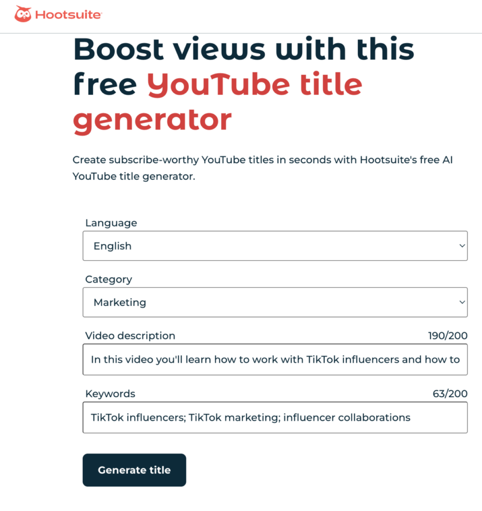 Hootsuite’s  AI YouTube Title Generator