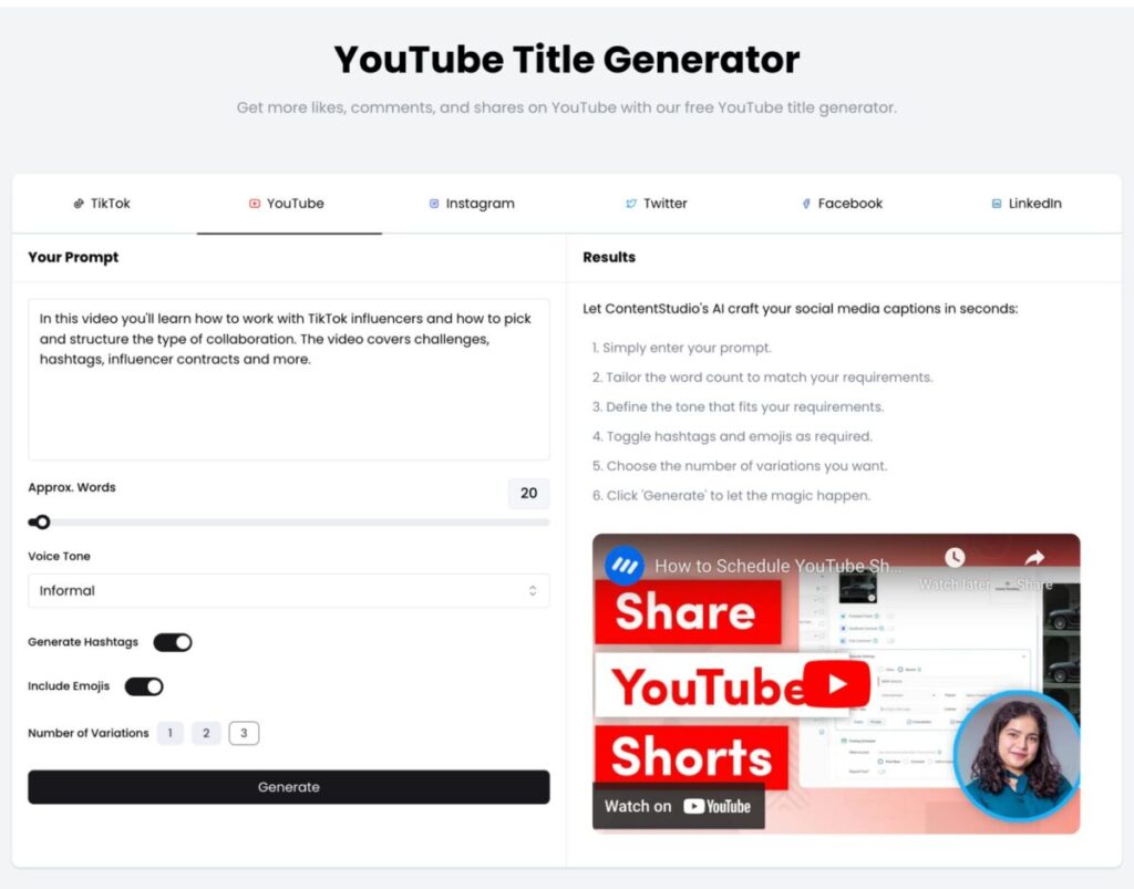 ContentStudio YouTube title generator