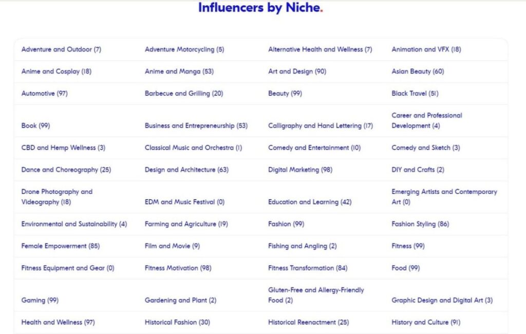 Influencers by niche