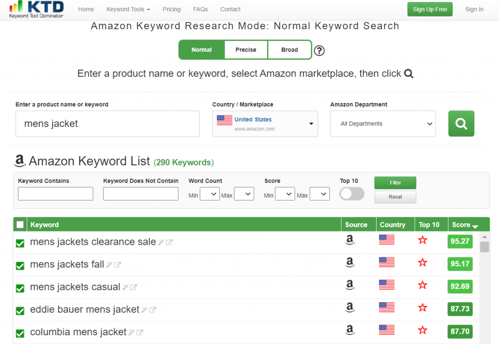 Amazon keyword normal research mode