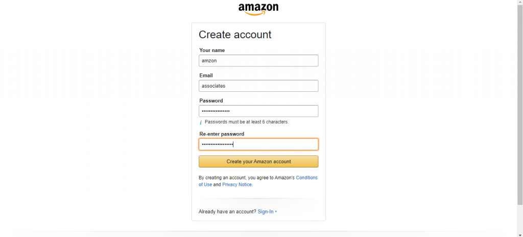Amazon accont creation