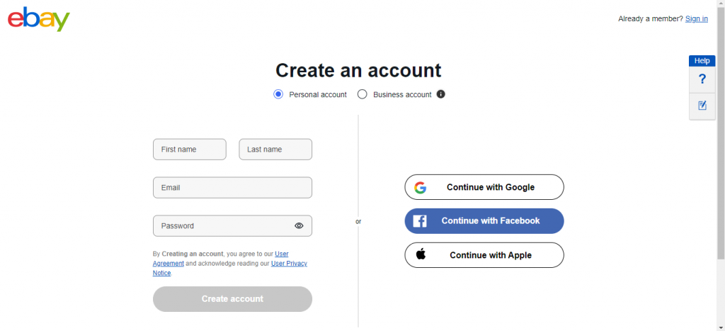 account creation ebay