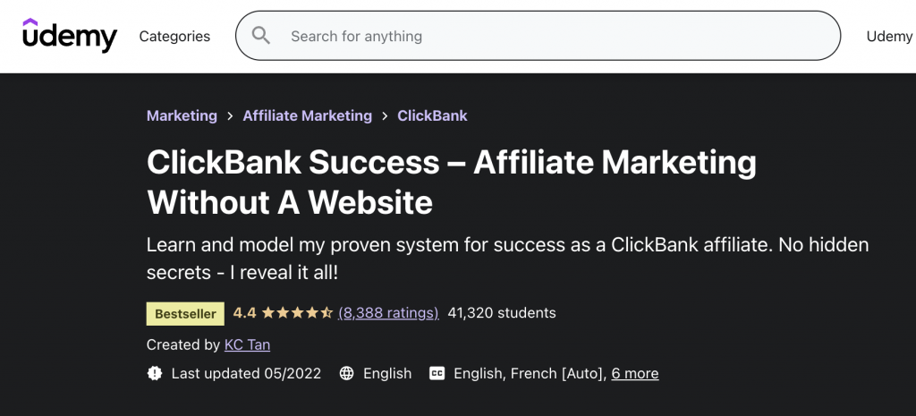 ClickBank Success – Affiliate Marketing Without a Website (Udemy)