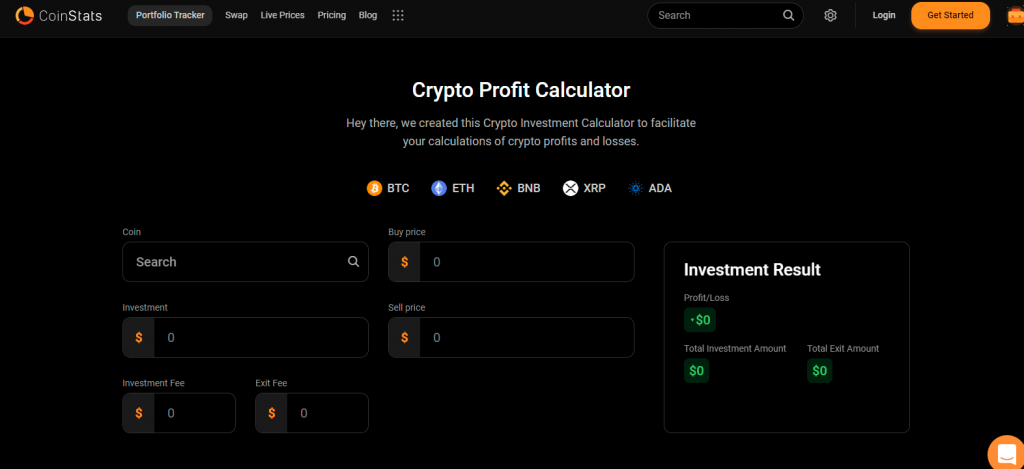 The CoinStats crypto profit calculator