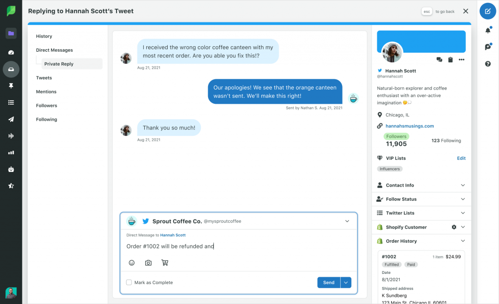 Engagement Contact Twitter Direct Message Shopify Order History