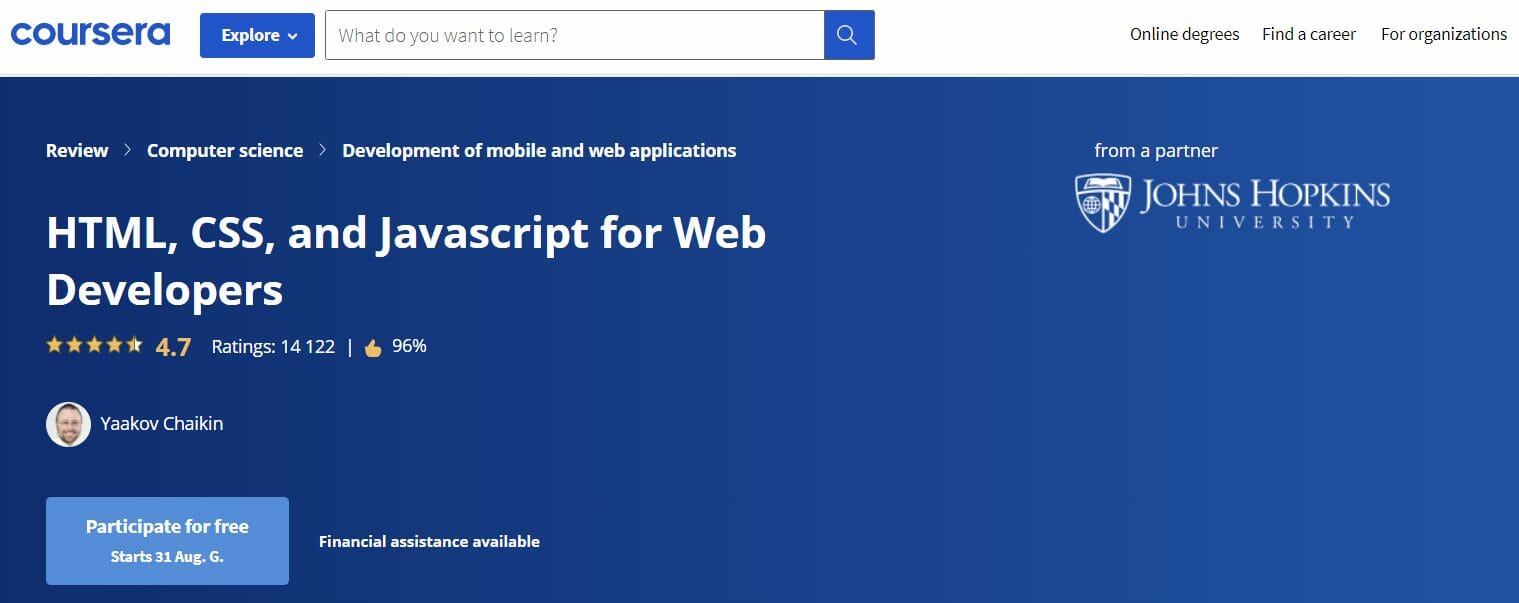 HTML, CSS, and JavaScript for Web Developers (Coursera)