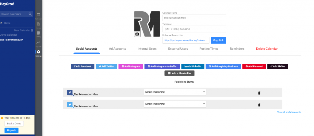 social accounts settings HeyOrca