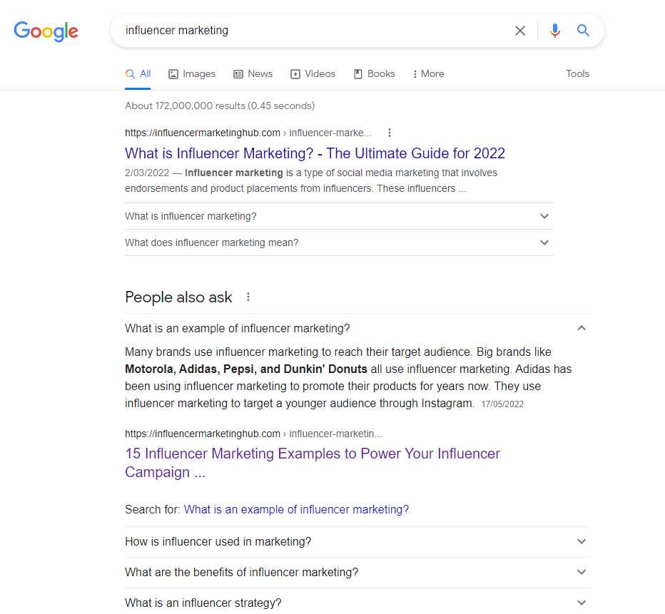 influencer marketing google search result
