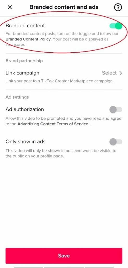 Enable Branded content tiktok