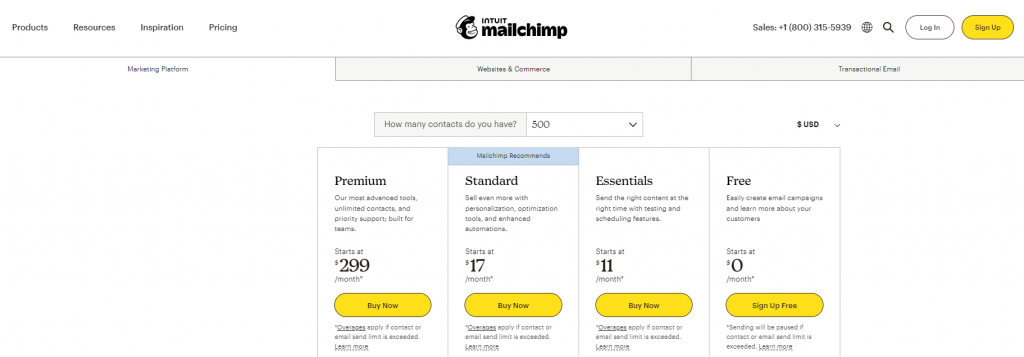 pricing plans mailchimp