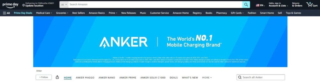 Amazon Store listing for Anker