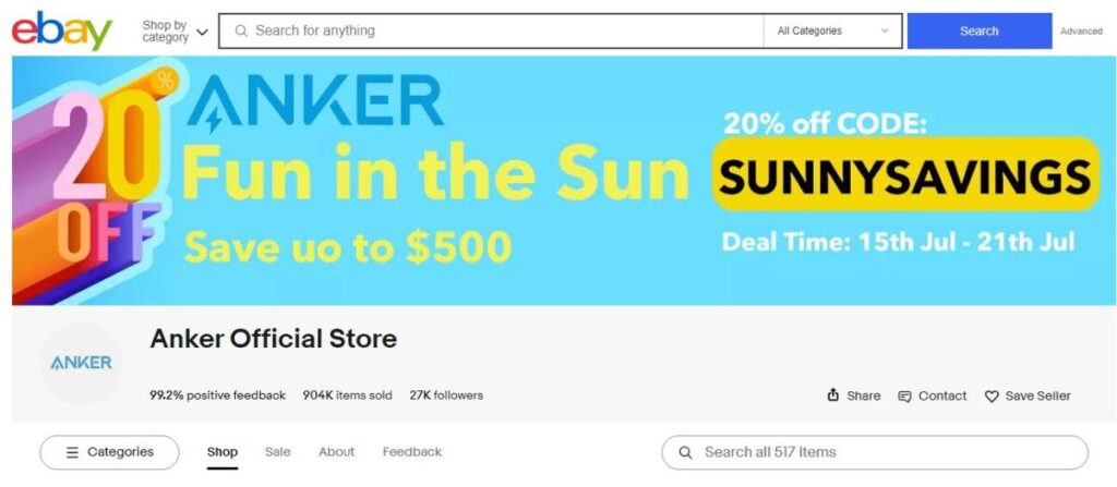 eBay store listing for Anker