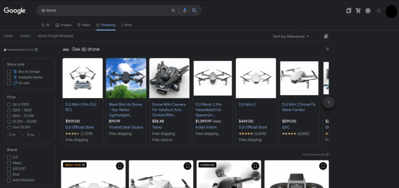 DJI shopping search results google