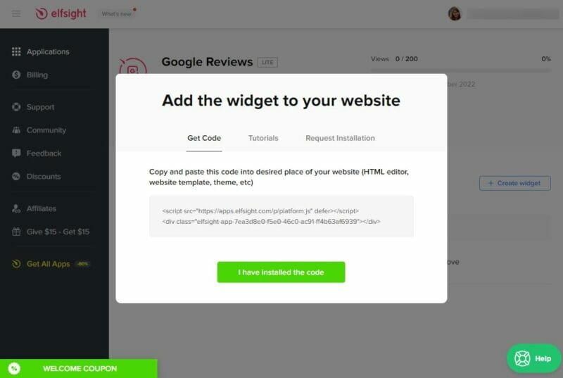 Elfsight “Add to Website” button
