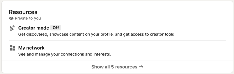 Linkedin Mode Resources section