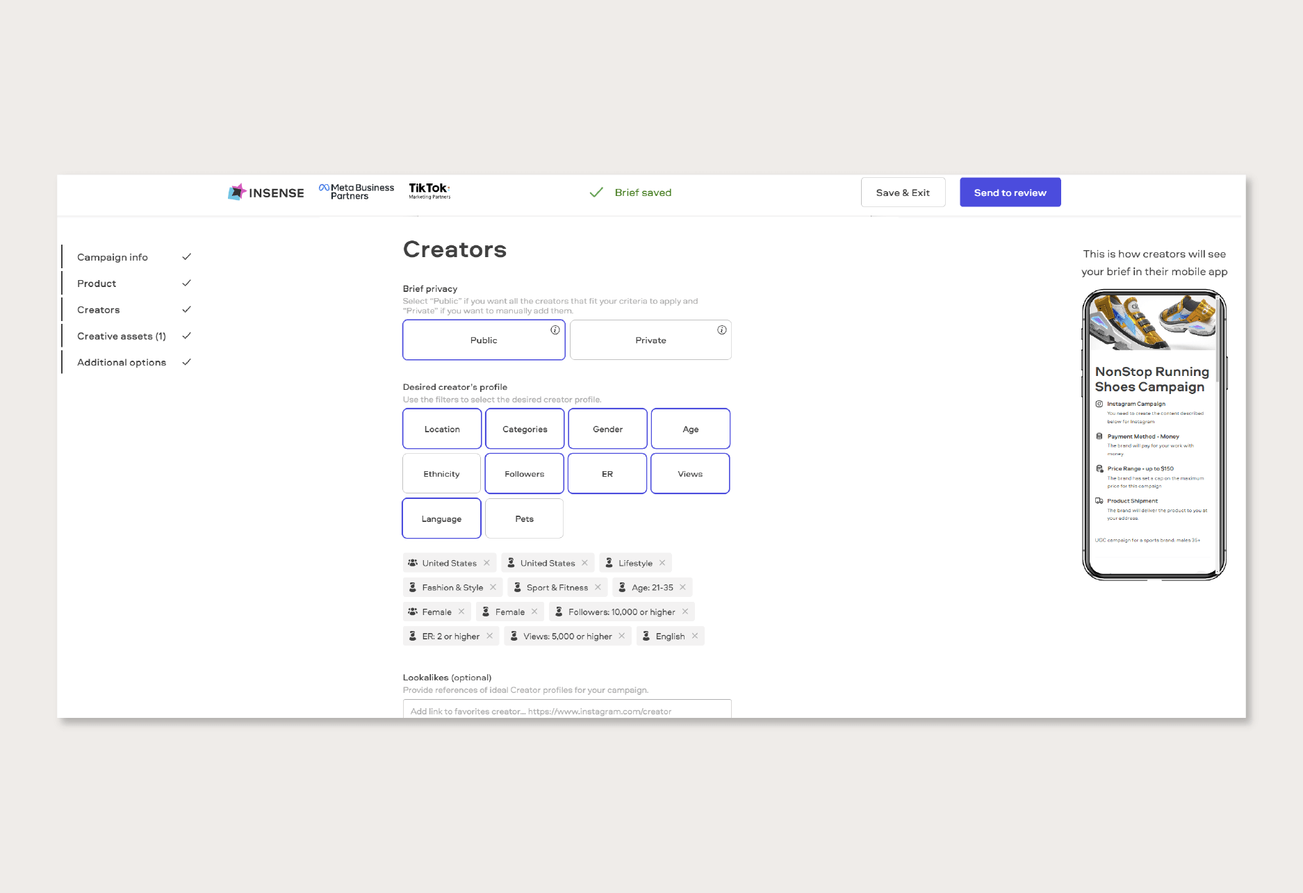 Brief creation (filters) / insense