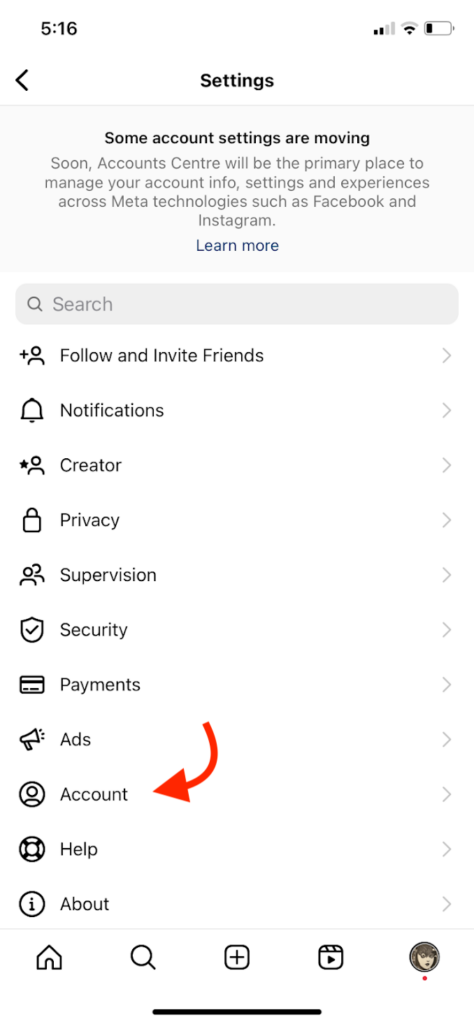 Instagram account settings