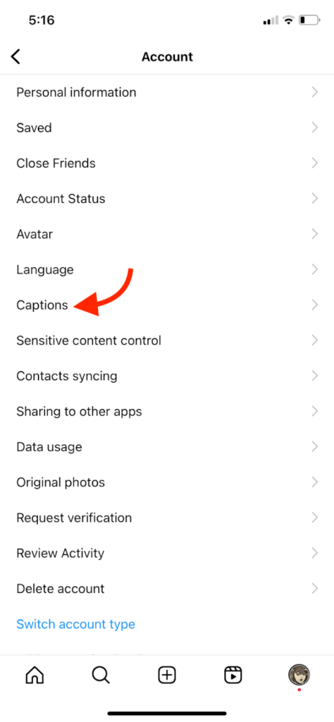 Instagram captions settings