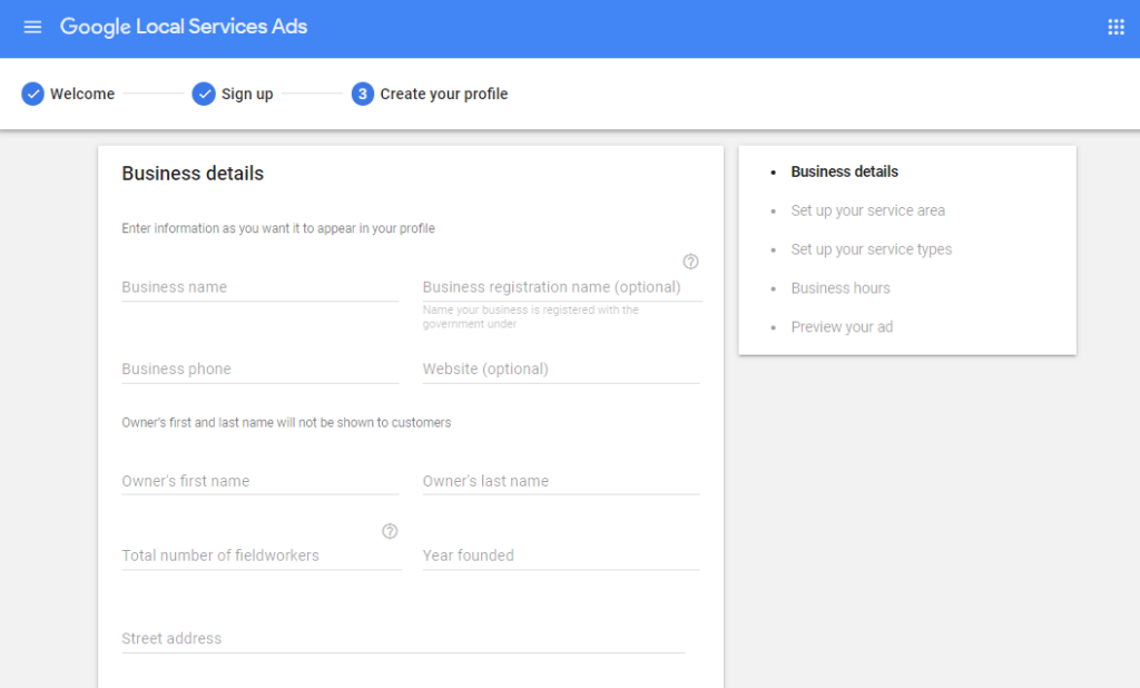 Business details Google Local Service Ads