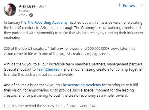 The Recording Academy case study LinkedIn post