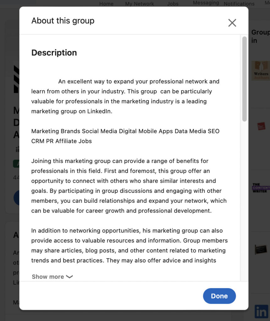 “About” Section LinkedIn group description