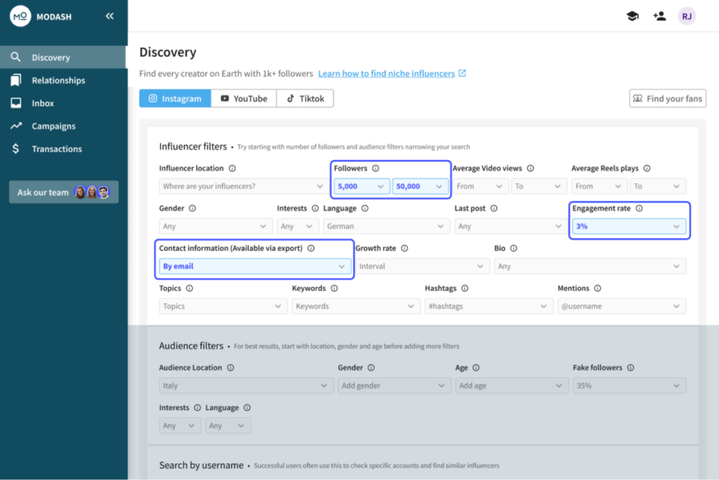 Modash platform filters