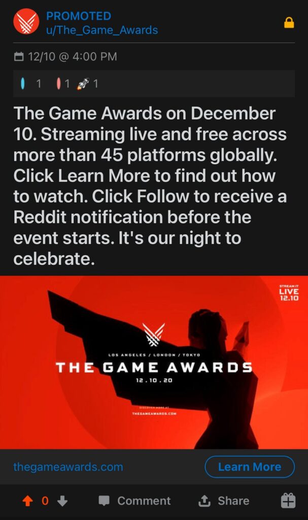 The Game Awards Reddit ad