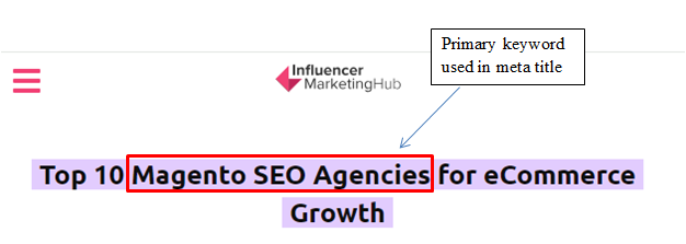 Example of primary keyword use in meta title 