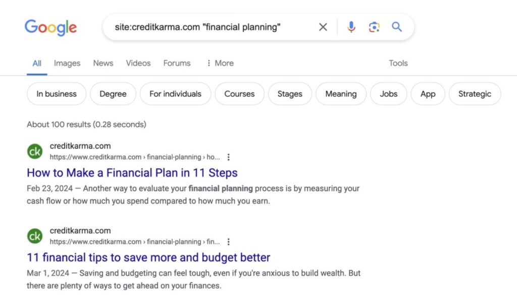 Webpages like how to make a financial plan and financial tips to save more and budget better appear in results