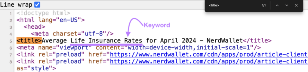 keyword highlighted in title tag code