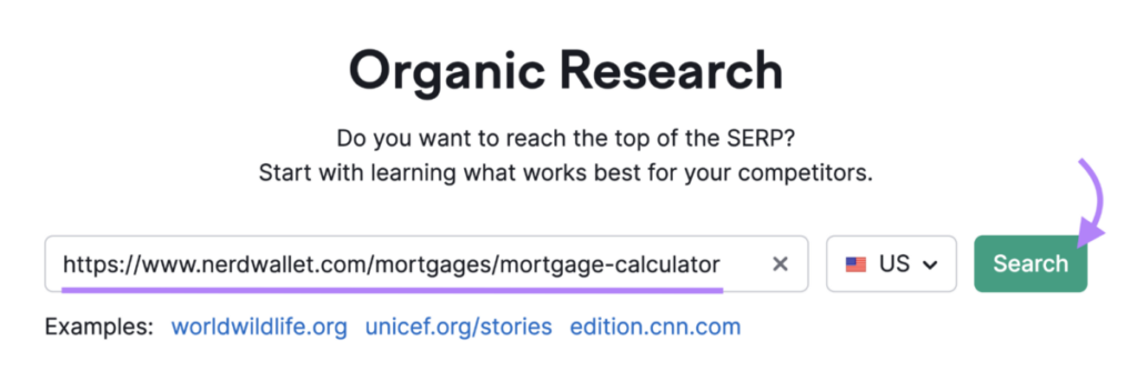 Search nerdwallet's webpage in Semrush's organic research tool