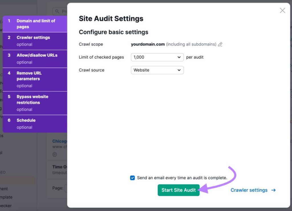Start Site Audit button / Site Audit Settings