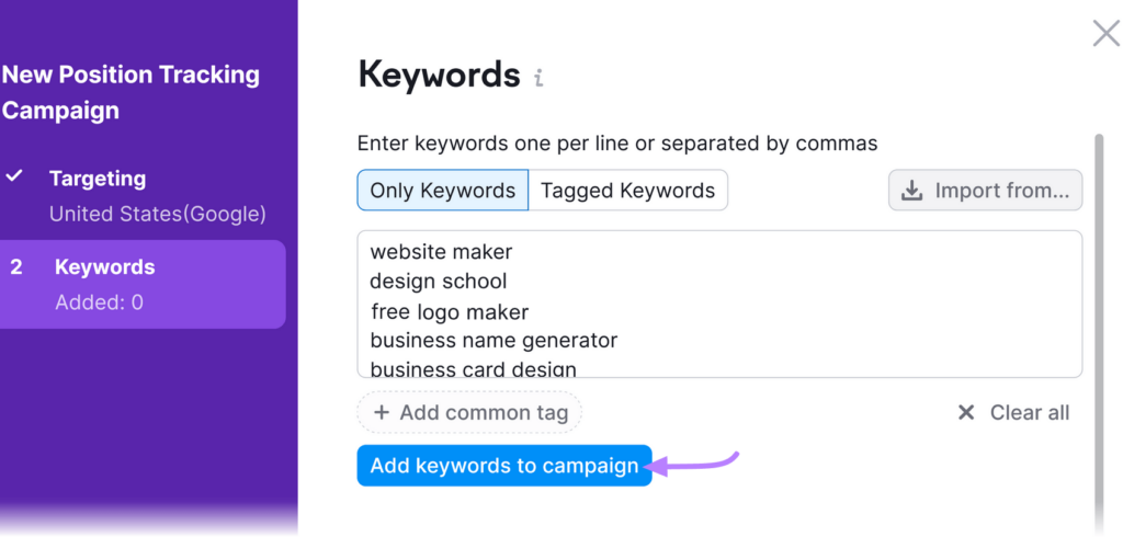 Add keywords to campaign