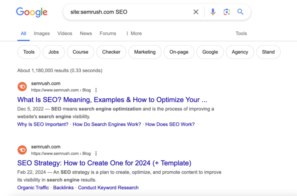 Webpages listed from Semrush that have SEO as a keyword