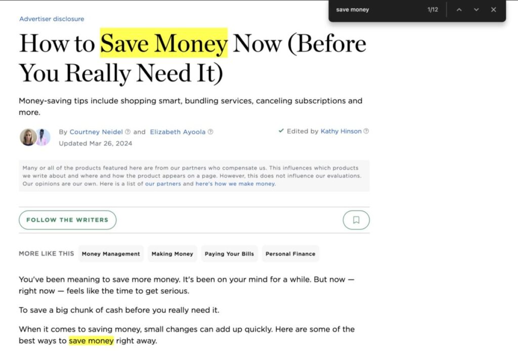 Search webpage for how to save money shows where that keyword appears in the text