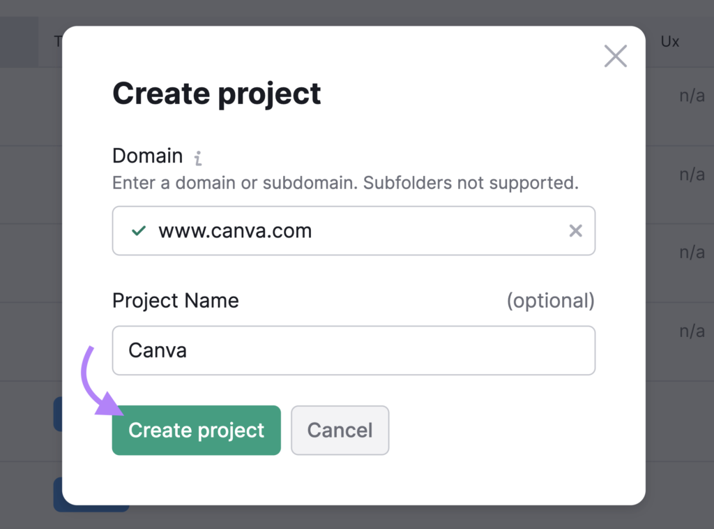Semrush On-Page SEO Checker / Create project button