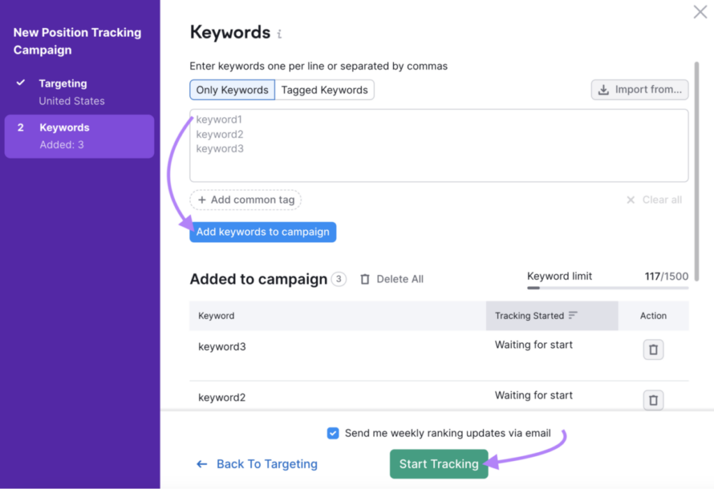 Add keywords to campaign / Start Tracking buttons