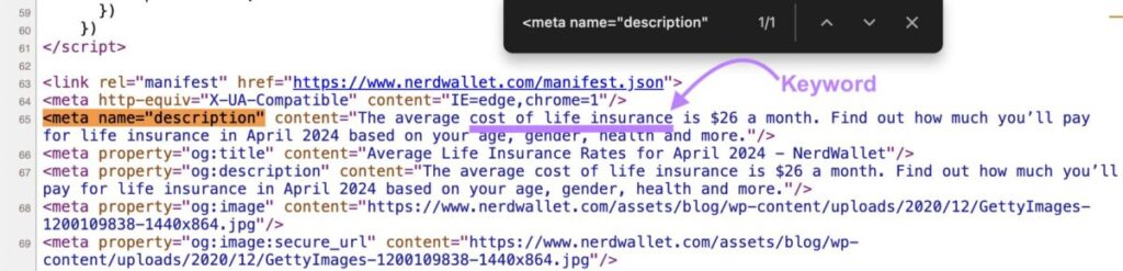 keyword highlighted in meta description code