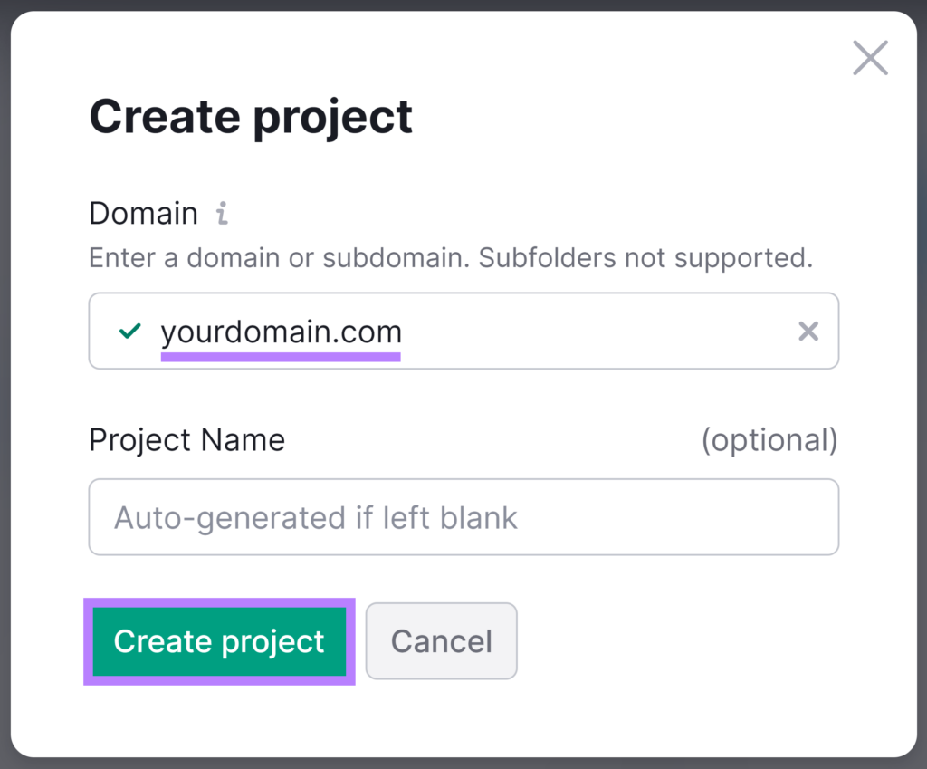 Semrush Site Audit / create project
