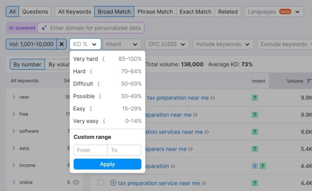 "KD %" drop-down