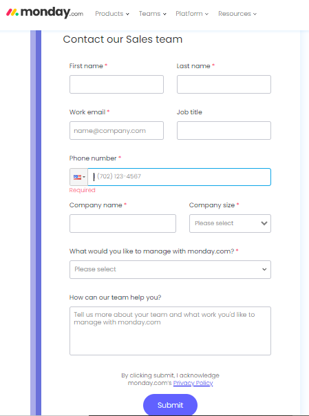 Monday.com lead generation form