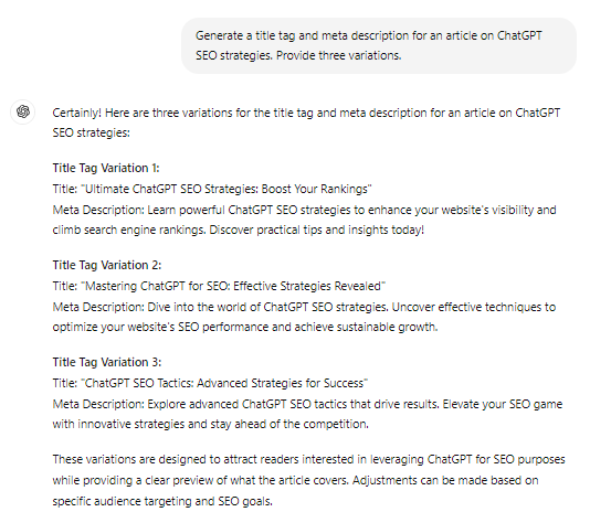 ChatGPT meta title and meta description generation