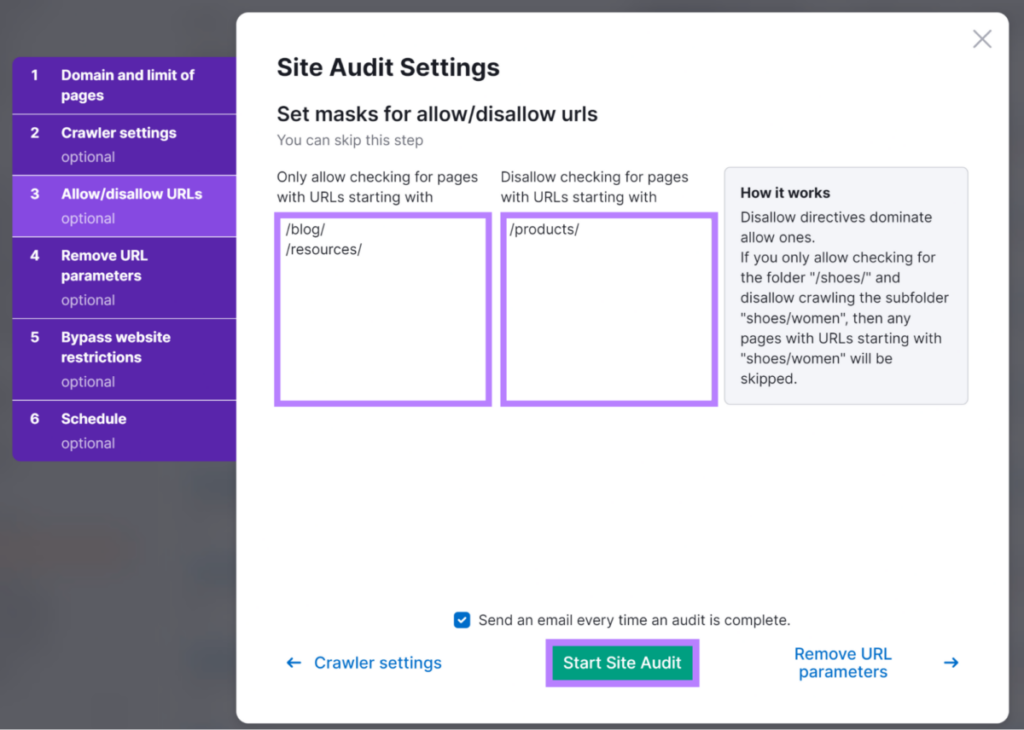 Site Audit Settings