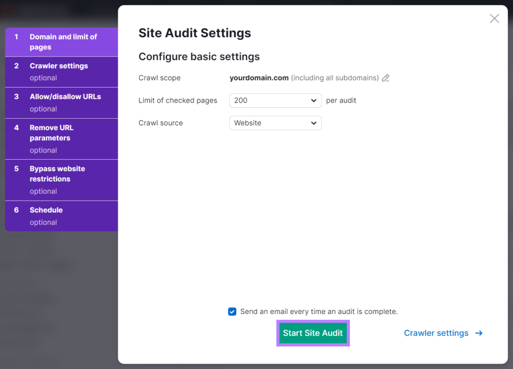 Semrush Start Site Audit button