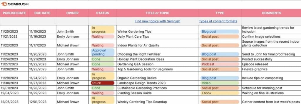 SEMrush table-style spreadsheet calendar