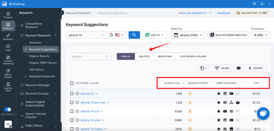 Keyword research in SE Ranking 