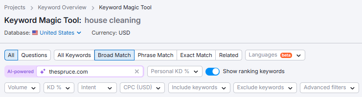 Semrush filtering options 