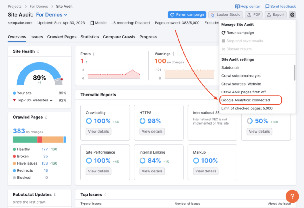 Google Analytics Integration in Site Audit 