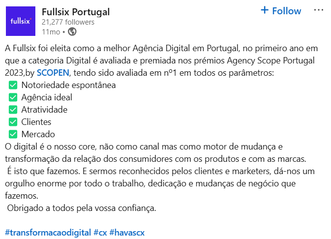 Fullsix Portugal Linkedin post