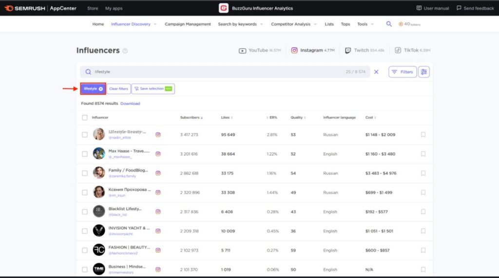 Keyword-based influencer search